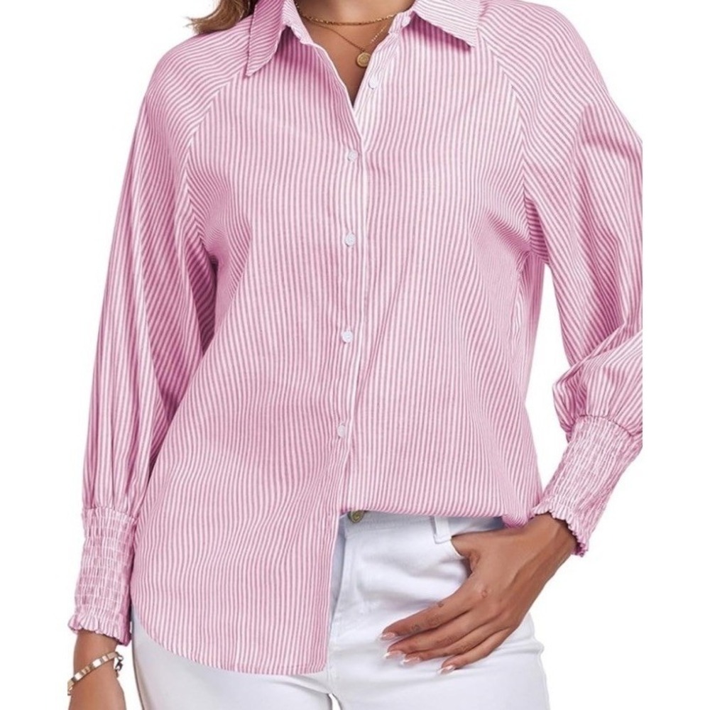 Lemafer Blouse Women Small Pink New Striped Long Sleeve Shirred Cuffs